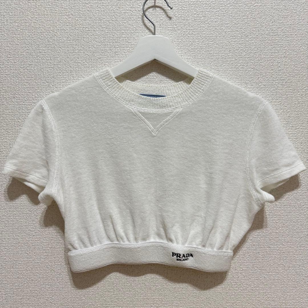 prada パイル Tシャツ ロゴ コットンテリー クロップド ショート丈 白