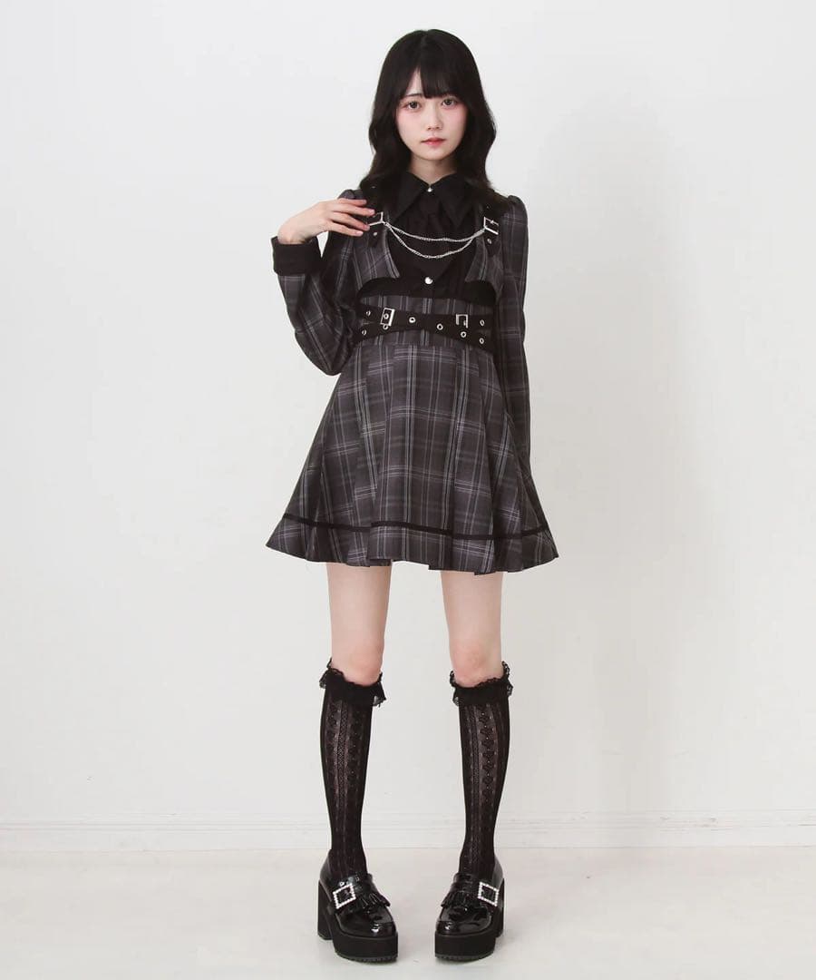 ジャケット風チェーンネクタイベルトプリーツワンピースDearmyLoveWhip