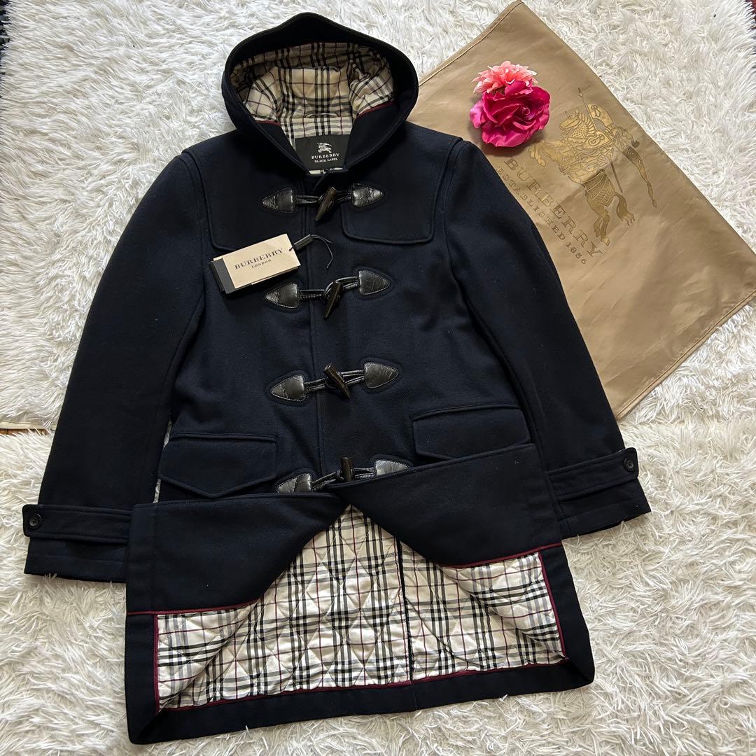 カシミヤ バーバリーブラックレーベル ダッフルコート ネイビー ノバチェック