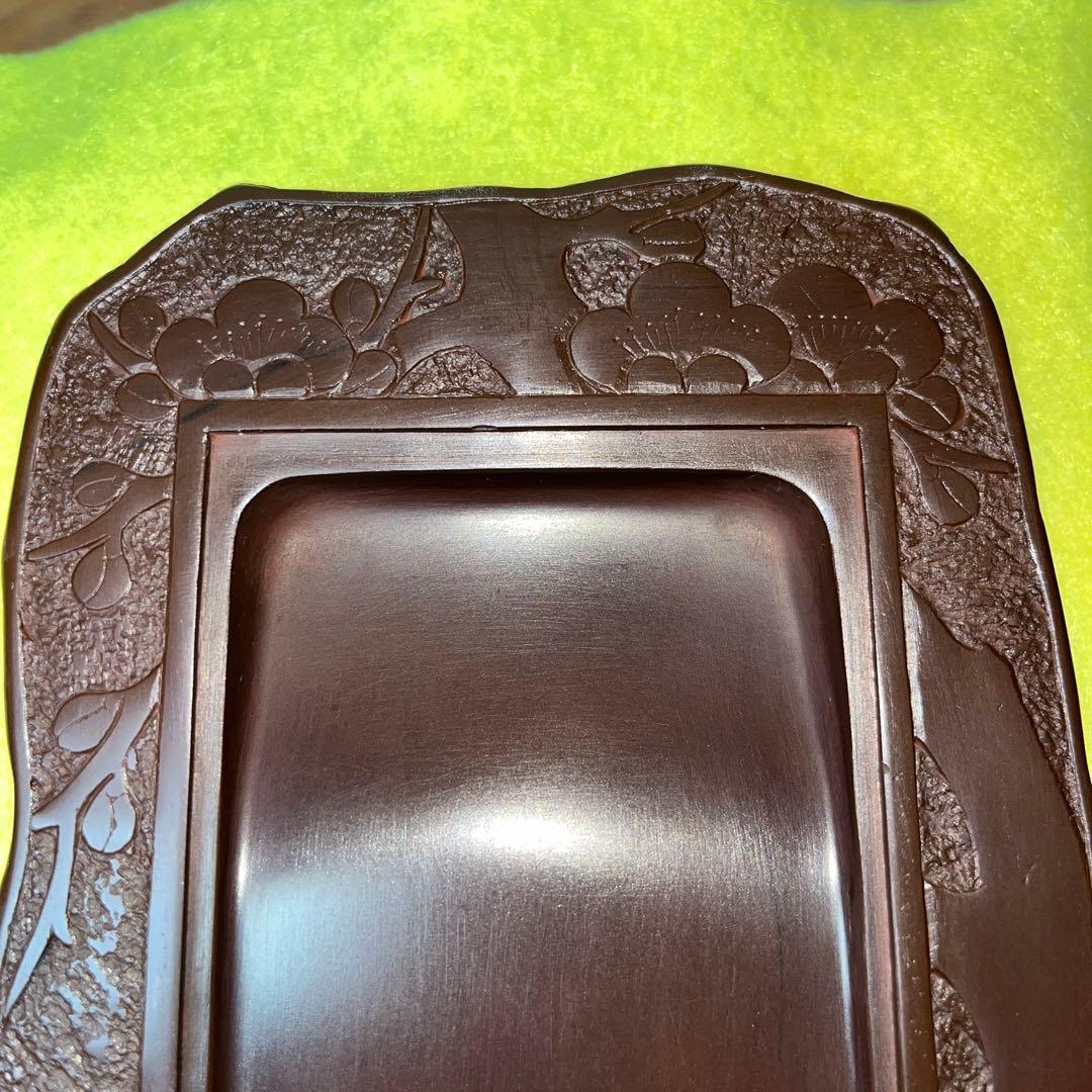 ⭕️赤間硯　共蓋付き　研堂作　梅花彫刻硯　美品　墨持ちが良い　硯