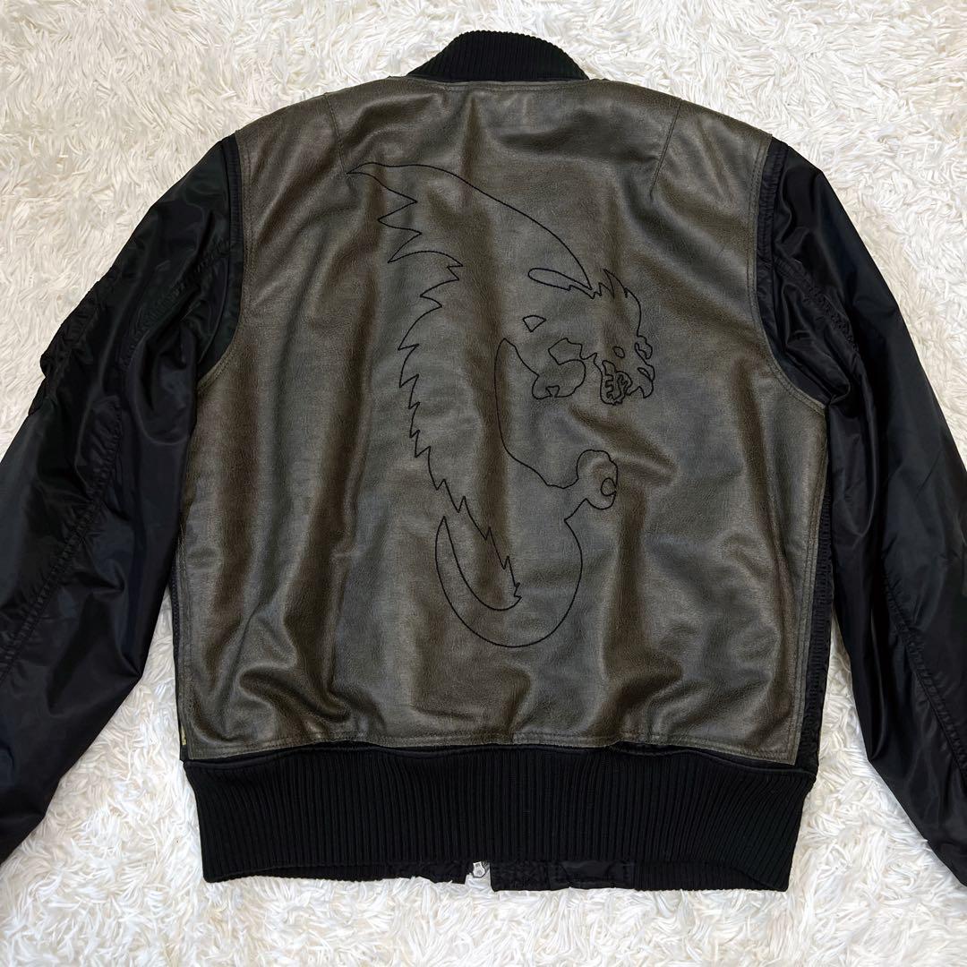 アルマーニ ドラゴン刺繍 スタジャン フェイクレザー ジャケット 切り替え ボア