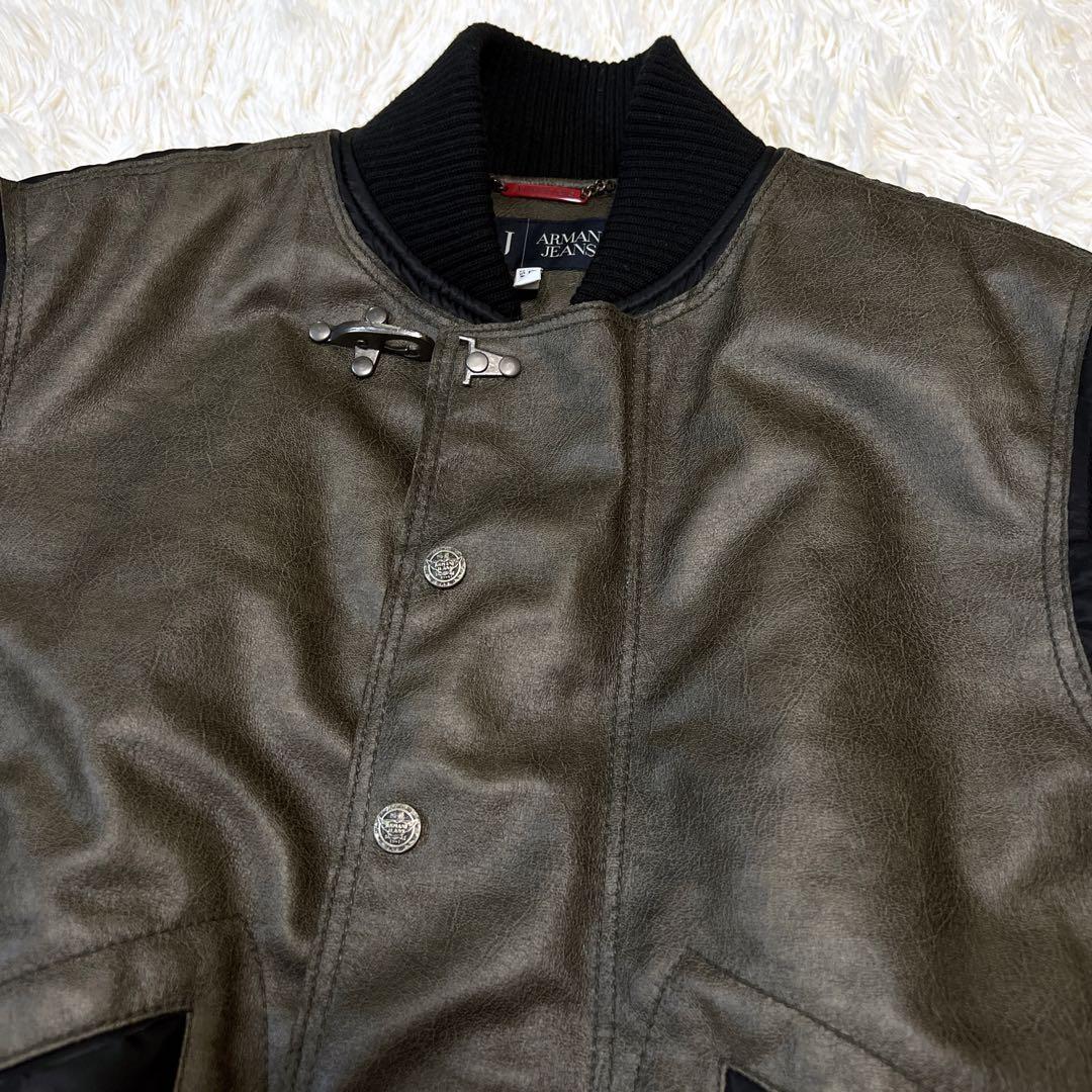 アルマーニ ドラゴン刺繍 スタジャン フェイクレザー ジャケット 切り替え ボア