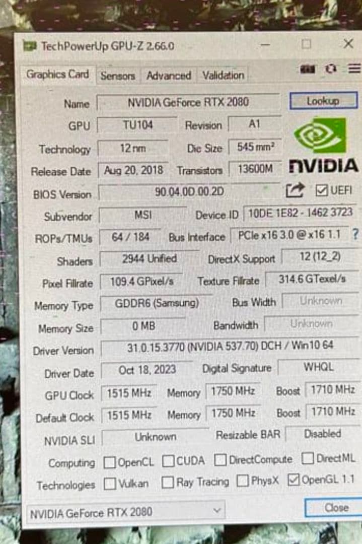 MSI GeForce RTX2080 グラフィックボード