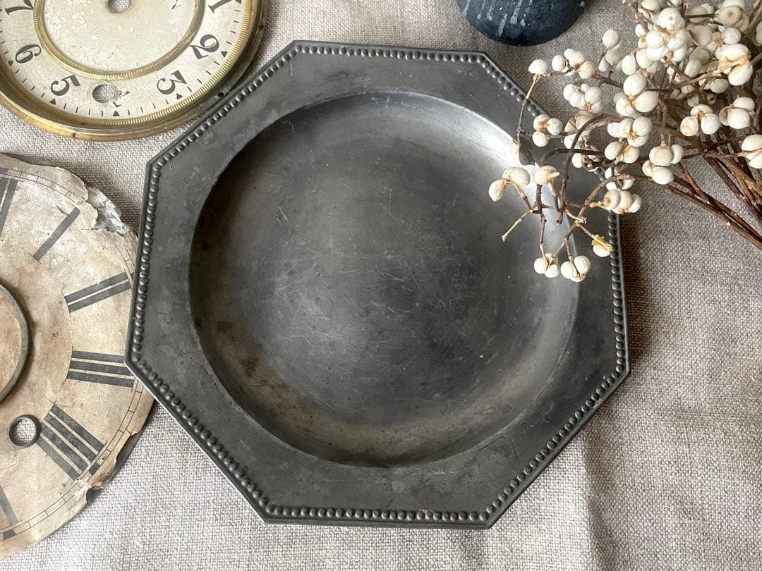 【レア希少】ピューターオクトゴナルプレート エタン フランスアンティーク19世紀