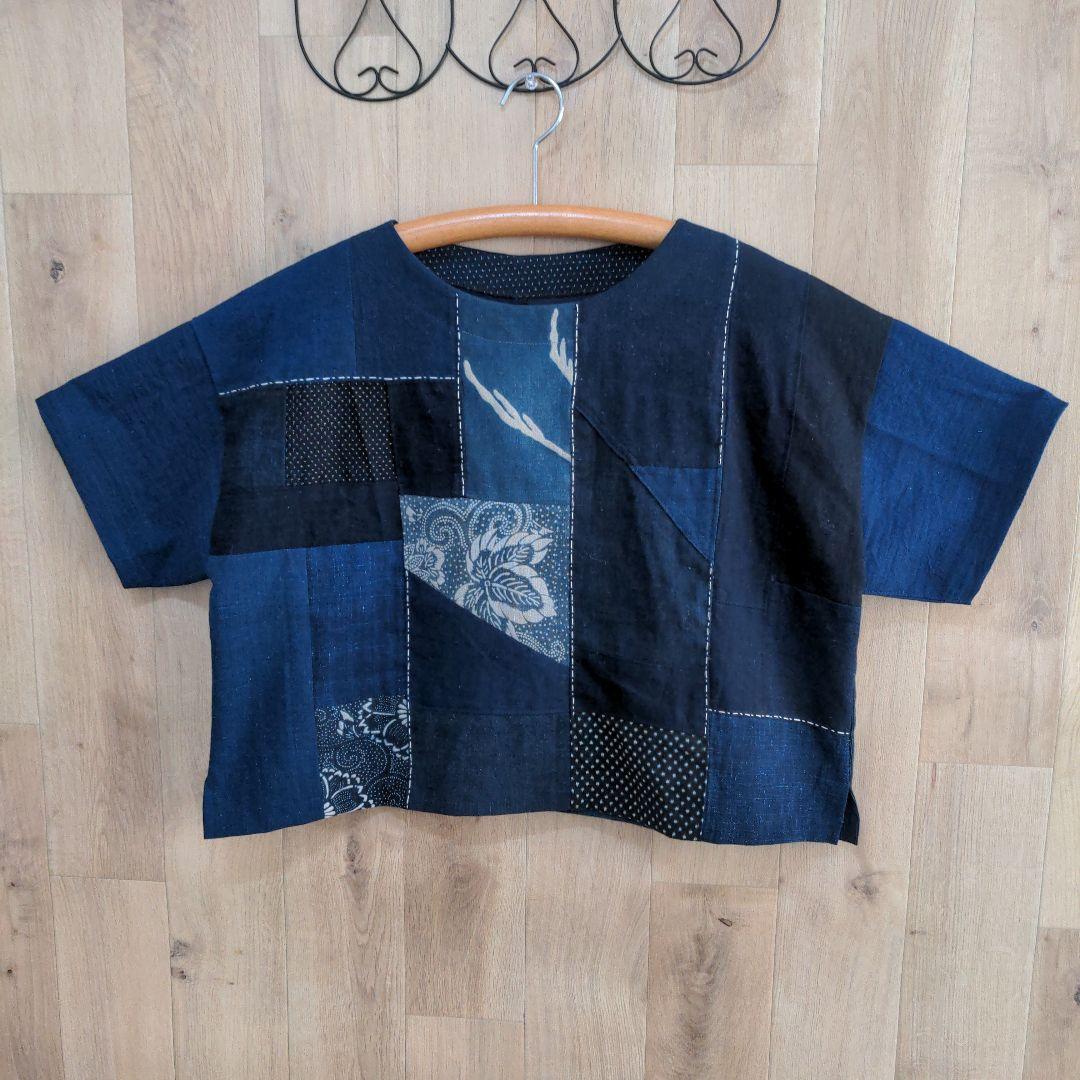 古布リメイク　筒描き　型染め　 藍染め木綿　プルオーバー