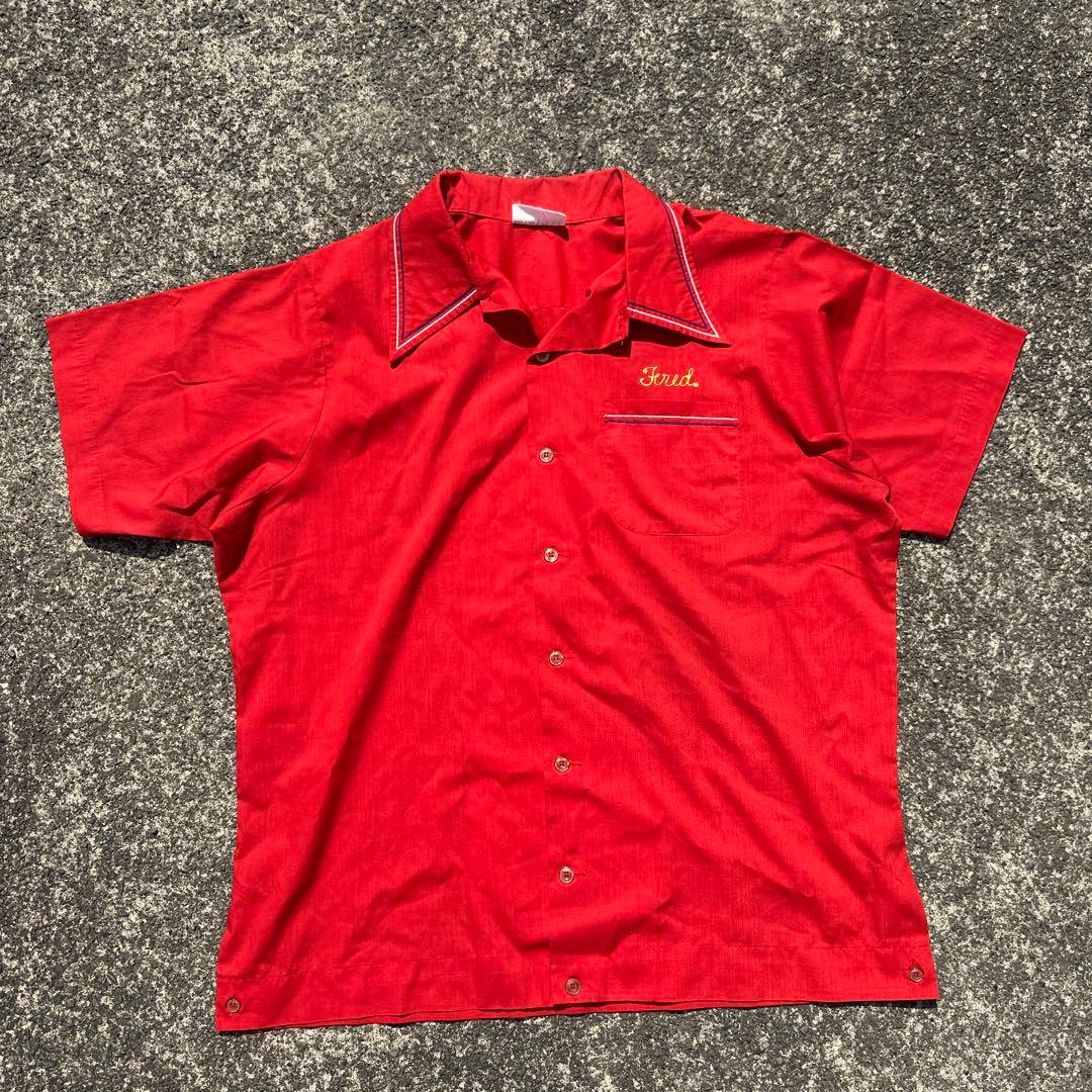 70s king louie キングルイ赤色ボウリングシャツ　フリーメイソン