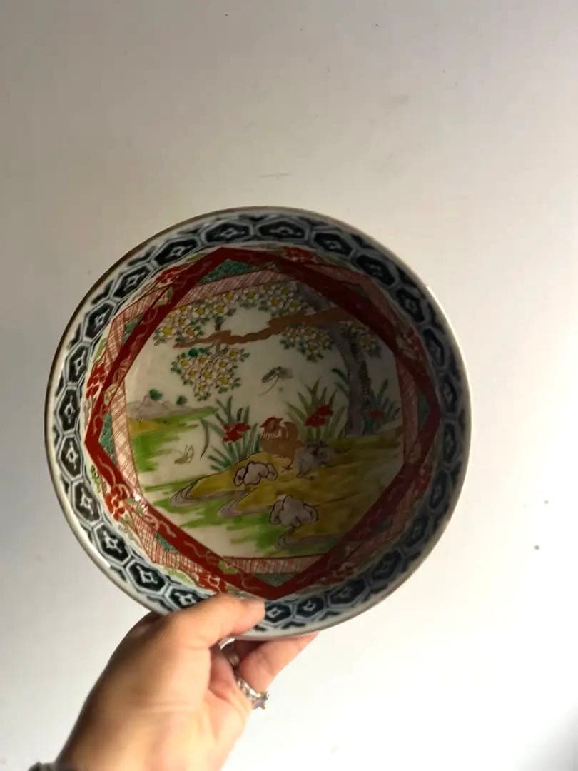 518 骨董 アンティーク 古伊万里 染付 豪華 色絵金彩花鳥図7寸鉢 幕末