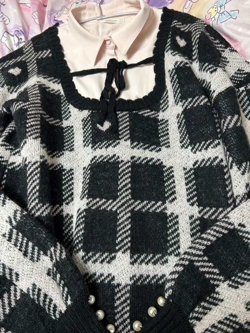 pium ハートチェックレイヤードニットワンピース