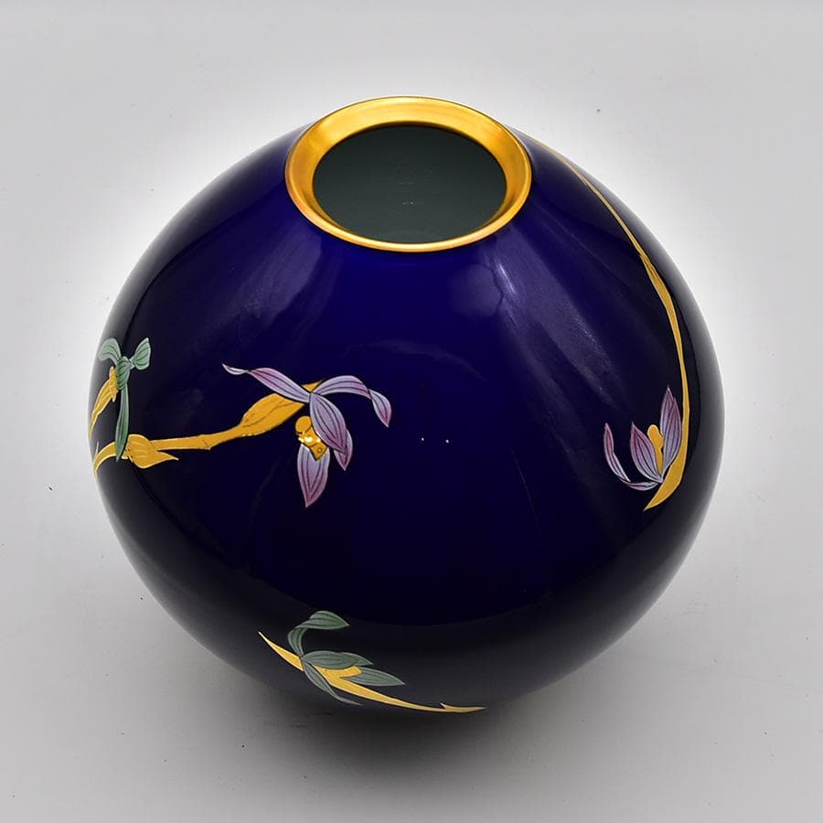 新品未使用 宮内庁御用達 香蘭社 花生 瑠璃色 蘭の香 花瓶 共箱 花器花瓶置物