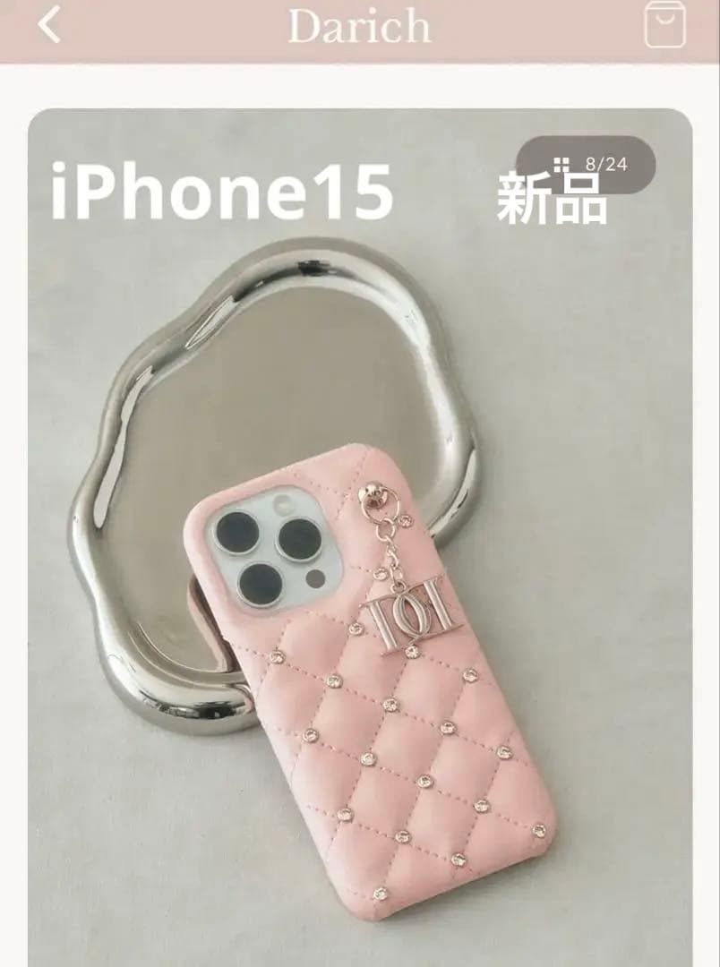 キルティングビジューDDチャームiPhoneケース　ピンク　iPhone15