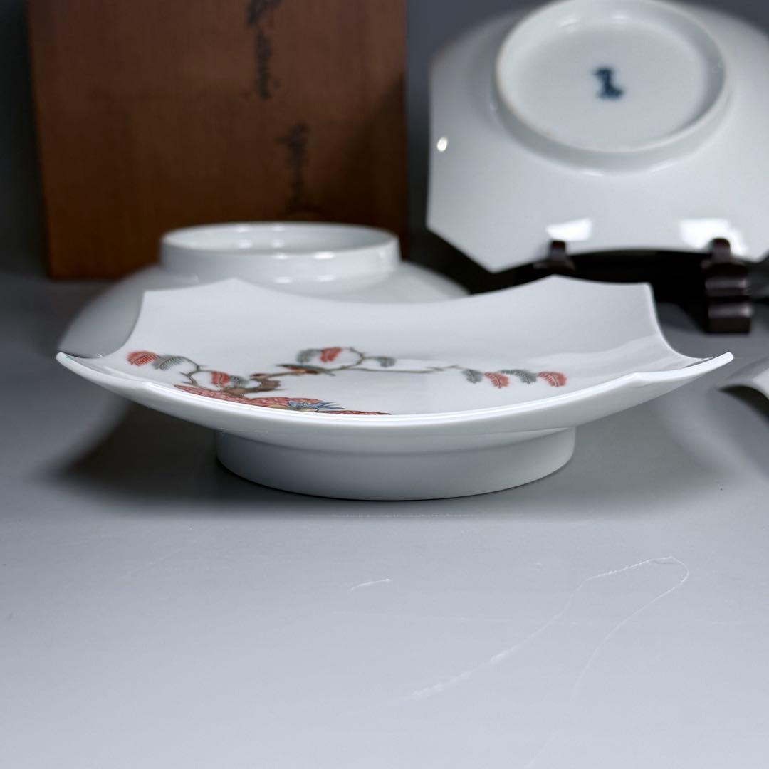 1928年〜1950年　十二代　柿右衛門　錦　柳鳥画　菓子皿　五枚揃　共箱