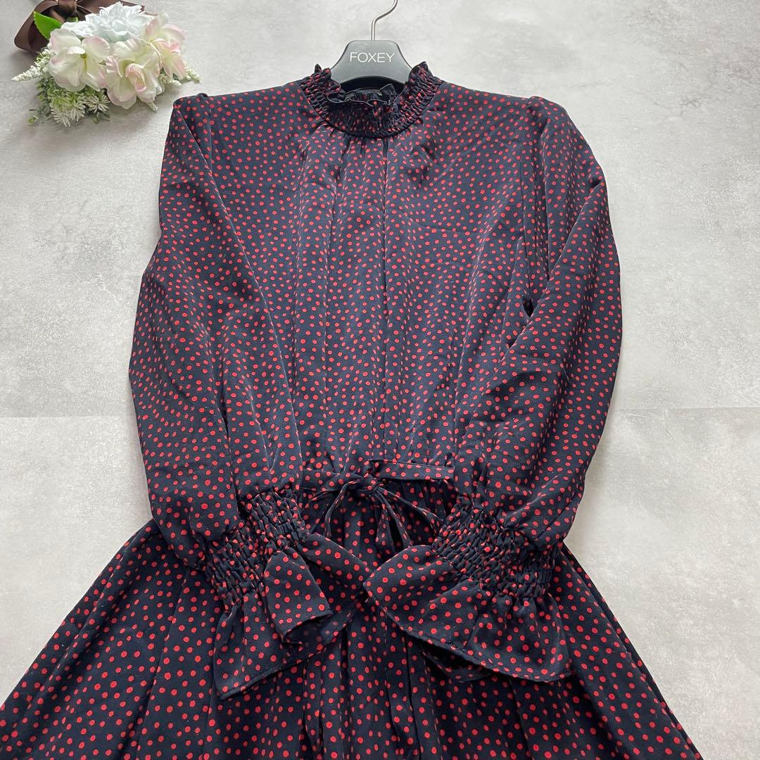 アナイ サテンドットプリントシャーリングワンピース リボン ドット 38 M 赤