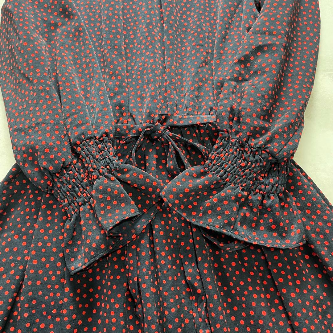 アナイ サテンドットプリントシャーリングワンピース リボン ドット 38 M 赤