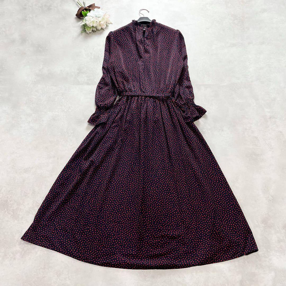 アナイ サテンドットプリントシャーリングワンピース リボン ドット 38 M 赤