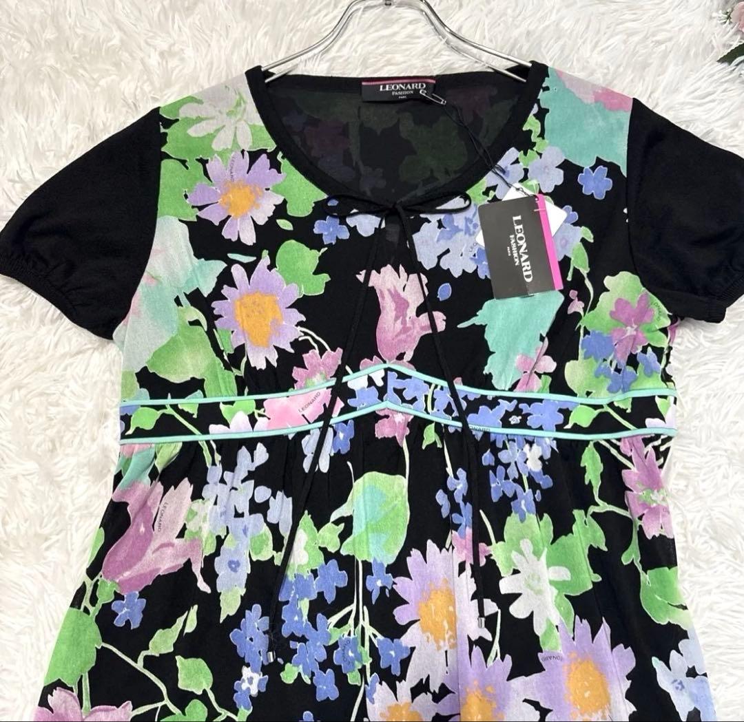 【新品タグ付き】レオナール　カンカン素材　フラワープリント 半袖　チュニック