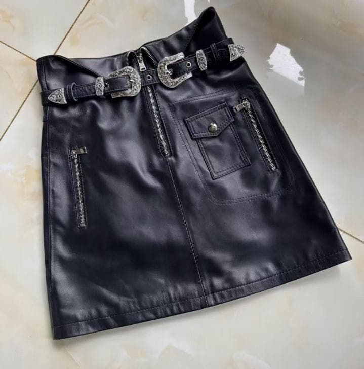 新品レディース高級 本革↑超ソフトなラムレザーミニ丈スカート黒ラムレザースカート