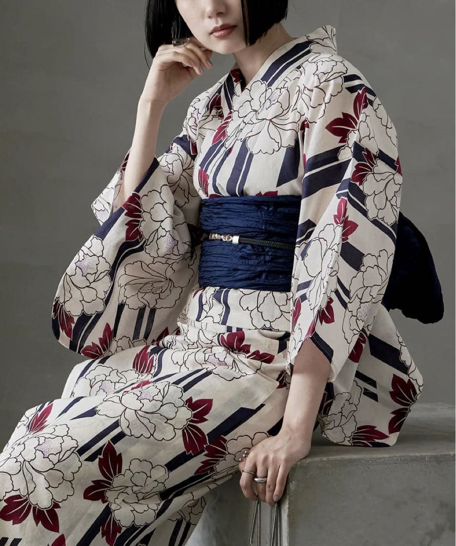 asaka 着付けのいらない簡単セパレート綿浴衣＋しわ兵児帯 2点セット