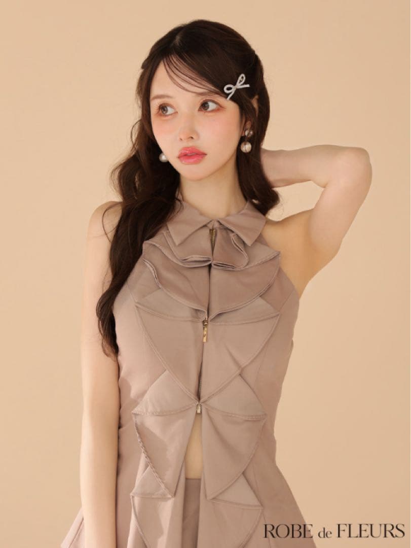 ROBE de FLEURS フロントフリルホルタードレス/Sサイズ