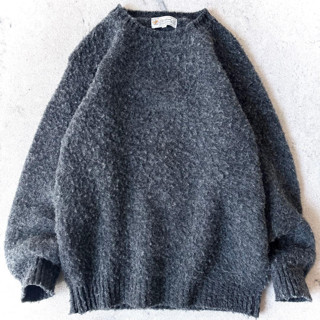 スコットランド製 シェトランドウーレン L縮絨ウール クルーネックニット グレー