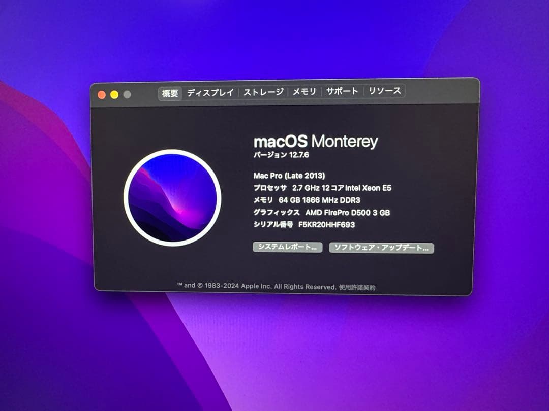 Macデスクトップ Apple Mac Pro 2013 12core 64GB SSD250GB