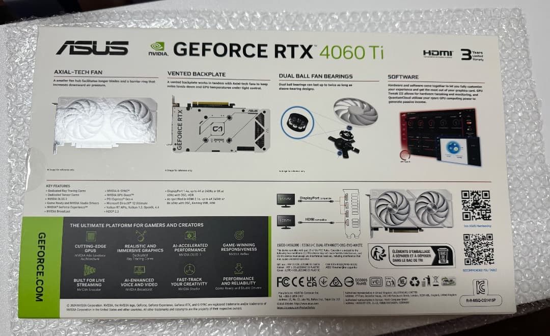 グラフィックボード・グラボ・ビデオカード ASUS DUAL-RTX4060TI-O8G-EVO-WHITE