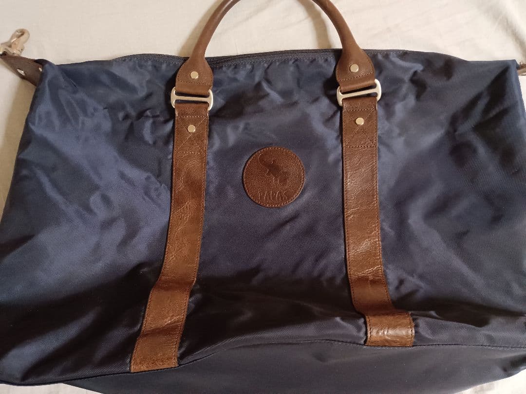 【Papas】ナイロン×レザー　大容量ボストンバッグ（ネイビー／ブラウン）