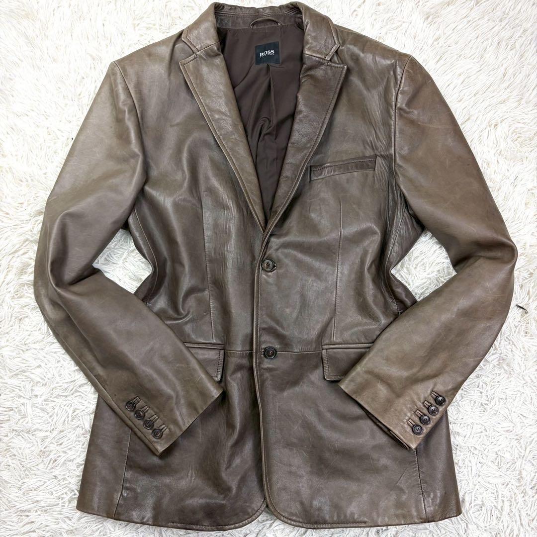 XXL相当 HUGO BOSS テーラードジャケット ラムレザー ブラウン系
