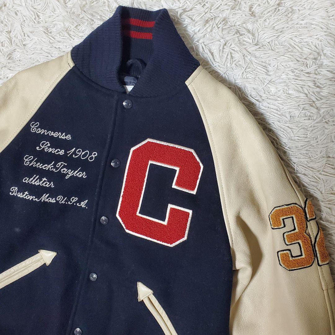 美品 希少 CONVERSE コンバース レザー袖 スタジャン バック刺繍 M