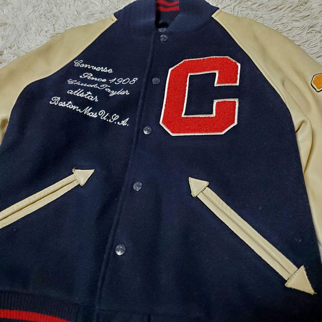 美品 希少 CONVERSE コンバース レザー袖 スタジャン バック刺繍 M