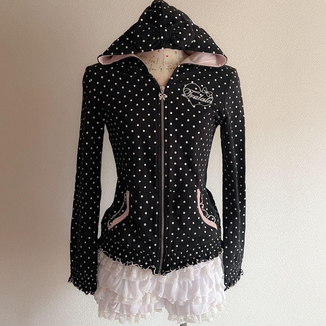 00s 希少 TRALALA ビッグリボン ドットフリルロゴ刺繍パーカー 姫系