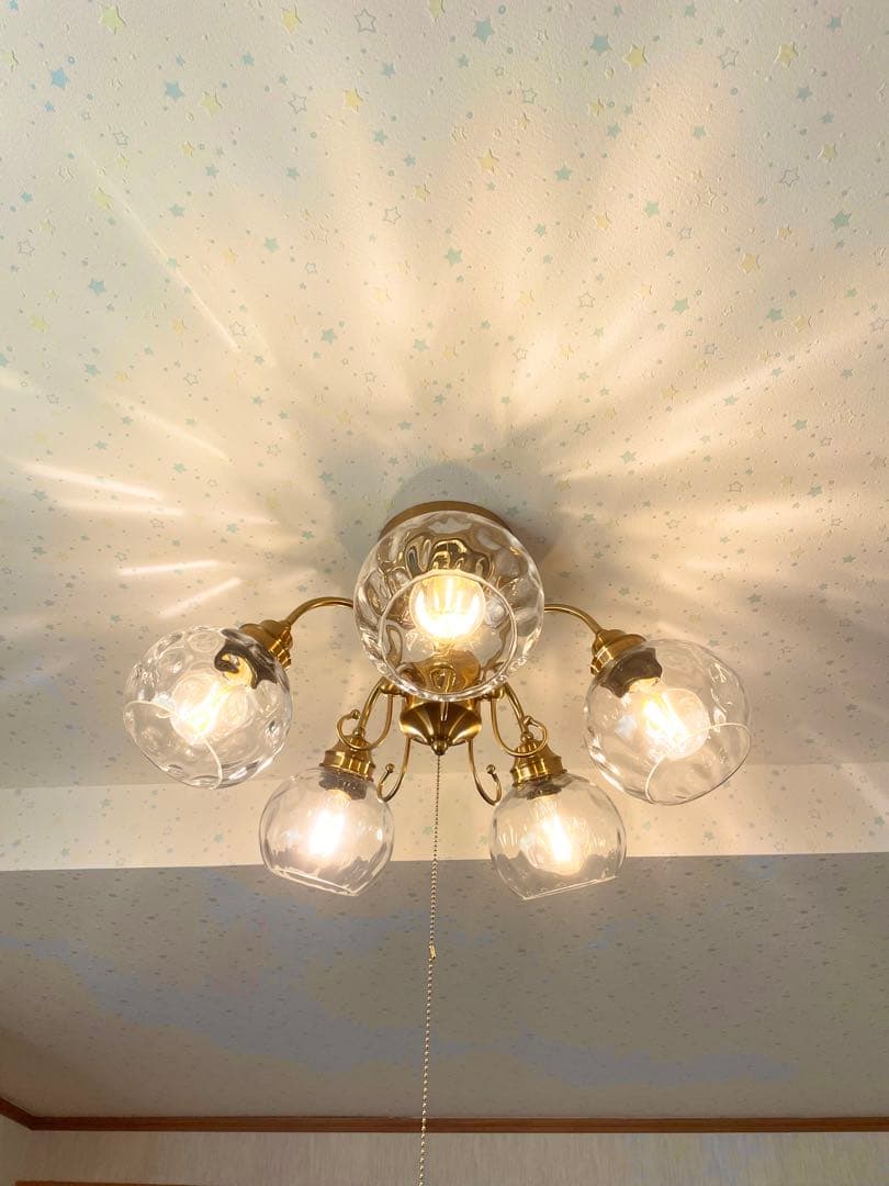【ほぼ未使用】クリアガラス5灯シャンデリア(調光調色LEDライト＆リモコン付き)