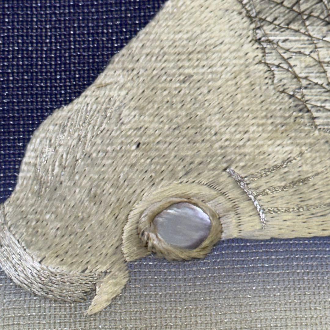 R*a様 鯉　刺繍帯　名古屋帯 紺色　夏帯　螺鈿　貝　白銀　笹　希少