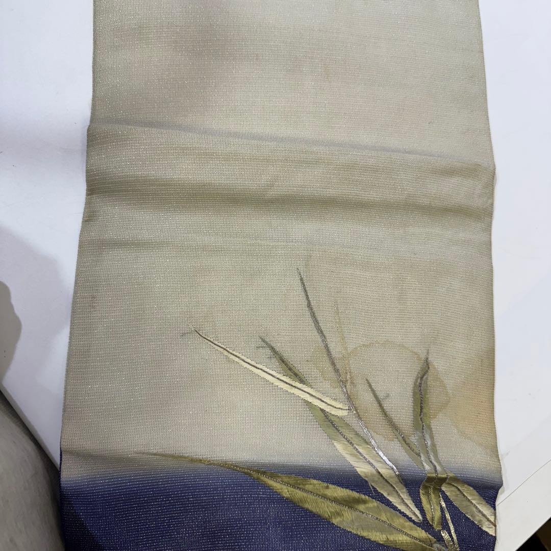 R*a様 鯉　刺繍帯　名古屋帯 紺色　夏帯　螺鈿　貝　白銀　笹　希少