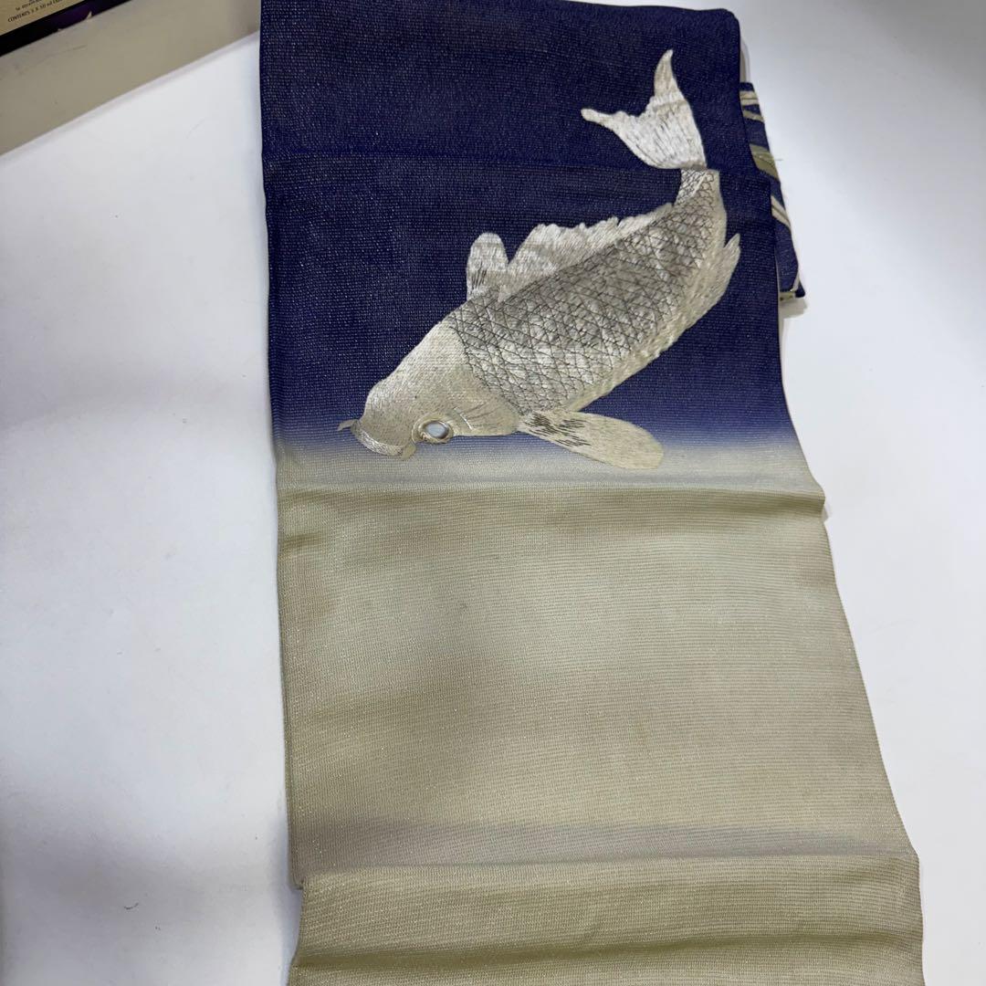 R*a様 鯉　刺繍帯　名古屋帯 紺色　夏帯　螺鈿　貝　白銀　笹　希少