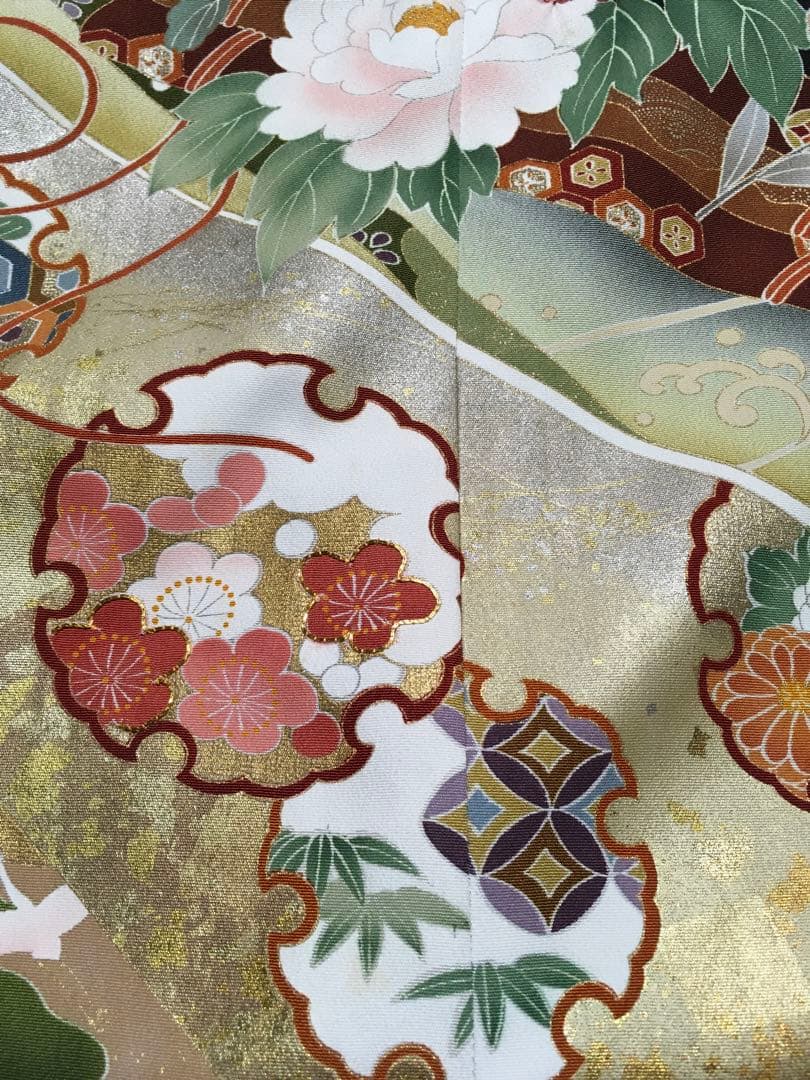 結婚式に！着物リメイク　正絹留袖ドレス　ロングワンピース　「雪輪に牡丹」Bタイプ