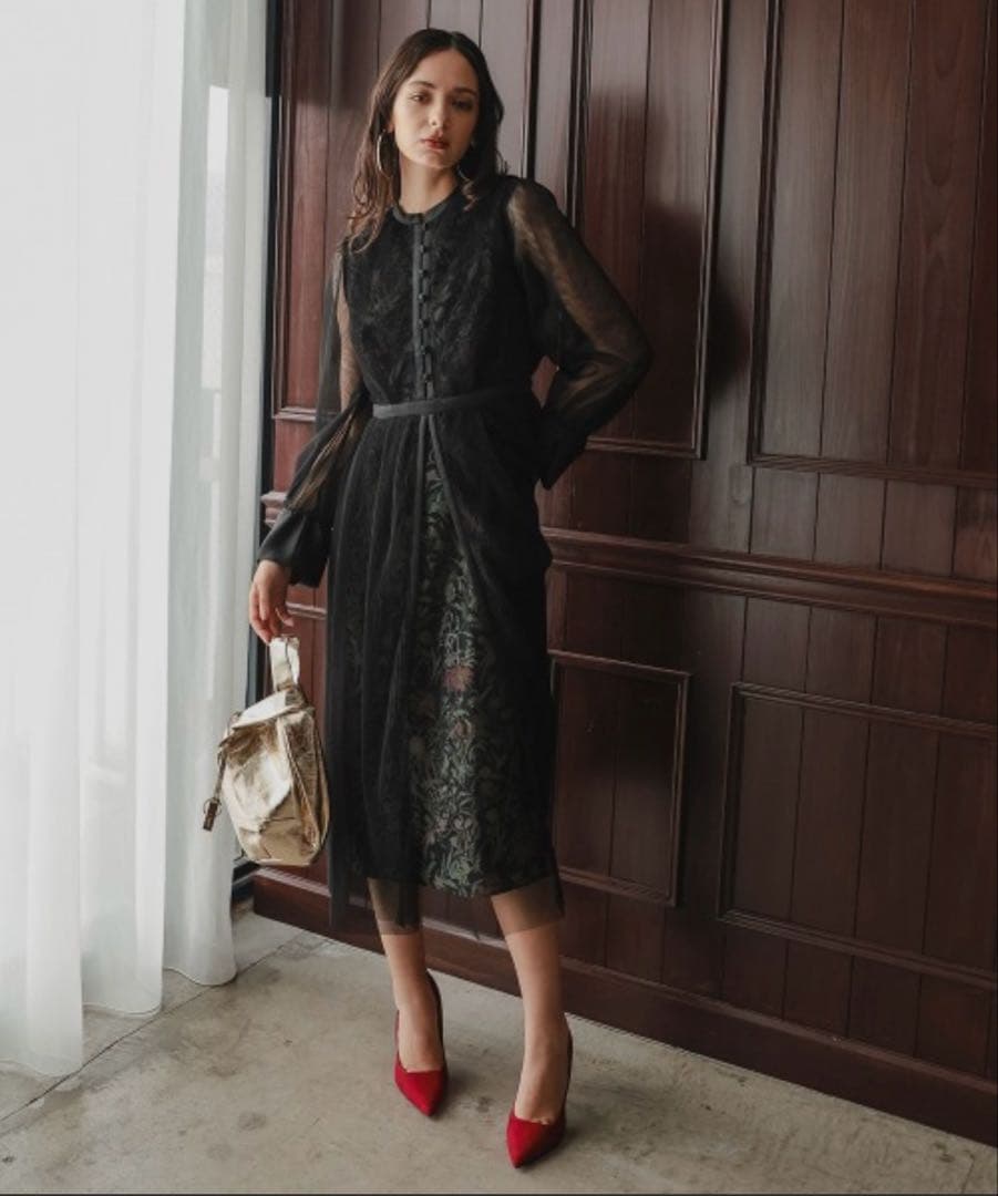 ［Callarus］チュール使い花柄デザインワンピースドレス 3L