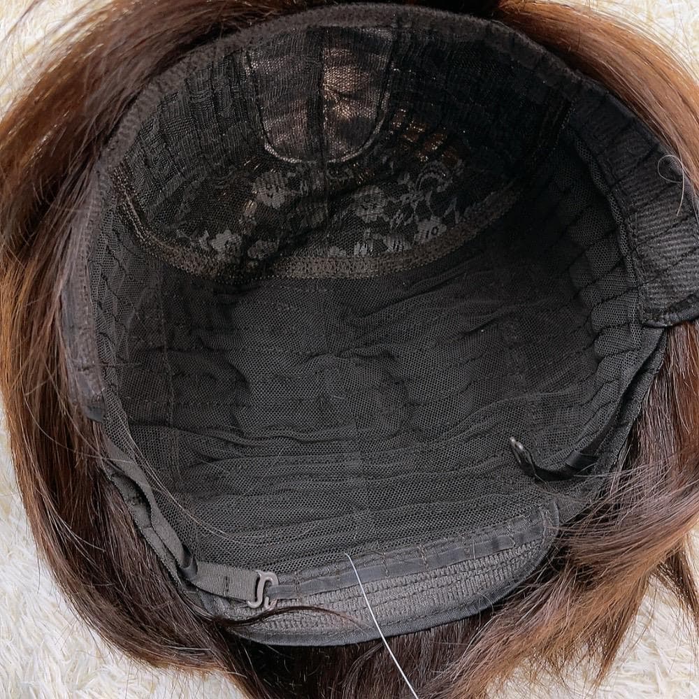 人毛100%フルウィッグ 医療用 ショートヘア ストレート 茶髪 ダークブラウン