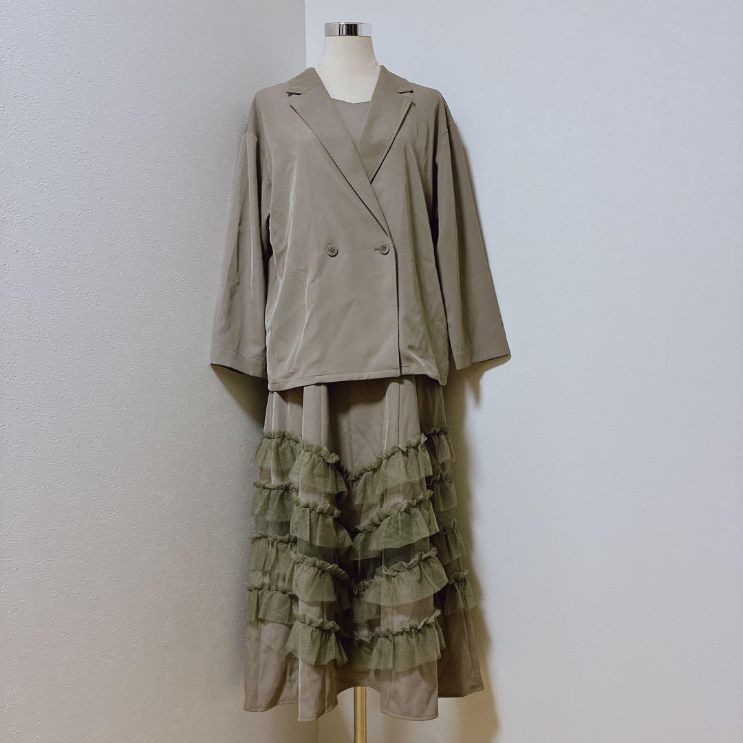 ニアナ　グレージュ　トランスペアレントヘムセットアップドレス ジャケットワンピ