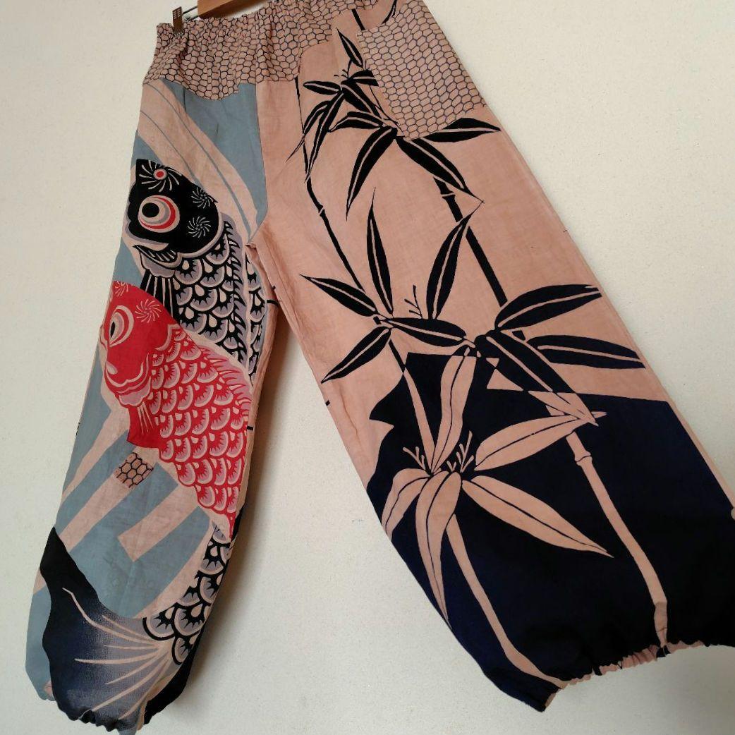 柿渋染めもんぺ【鯉空】ハンドメイド ワイドパンツ 季節手拭い 鯉のぼり 節句