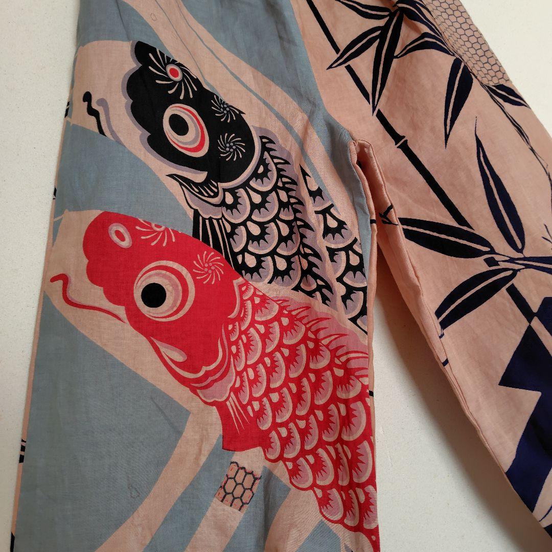 柿渋染めもんぺ【鯉空】ハンドメイド ワイドパンツ 季節手拭い 鯉のぼり 節句