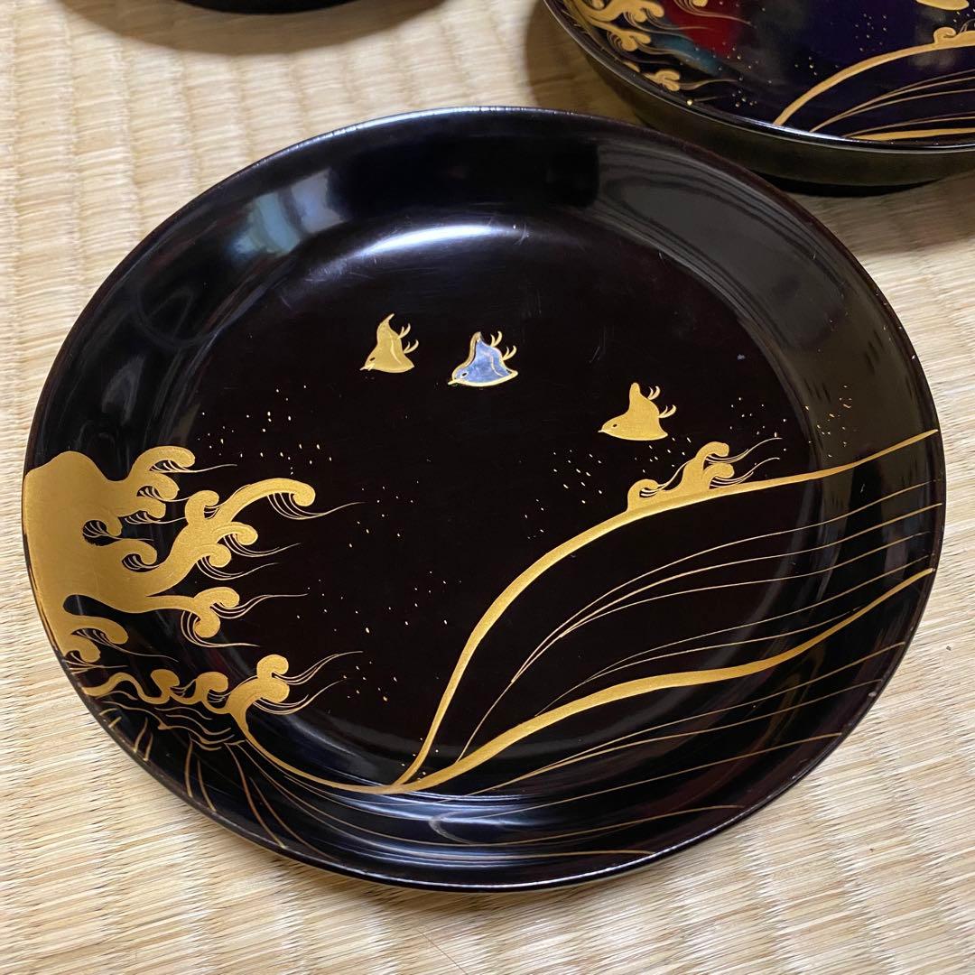 ◆時代 輪島塗 波千鳥 蒔絵 螺鈿細工 16cm皿 五客 銘々皿 菓子器