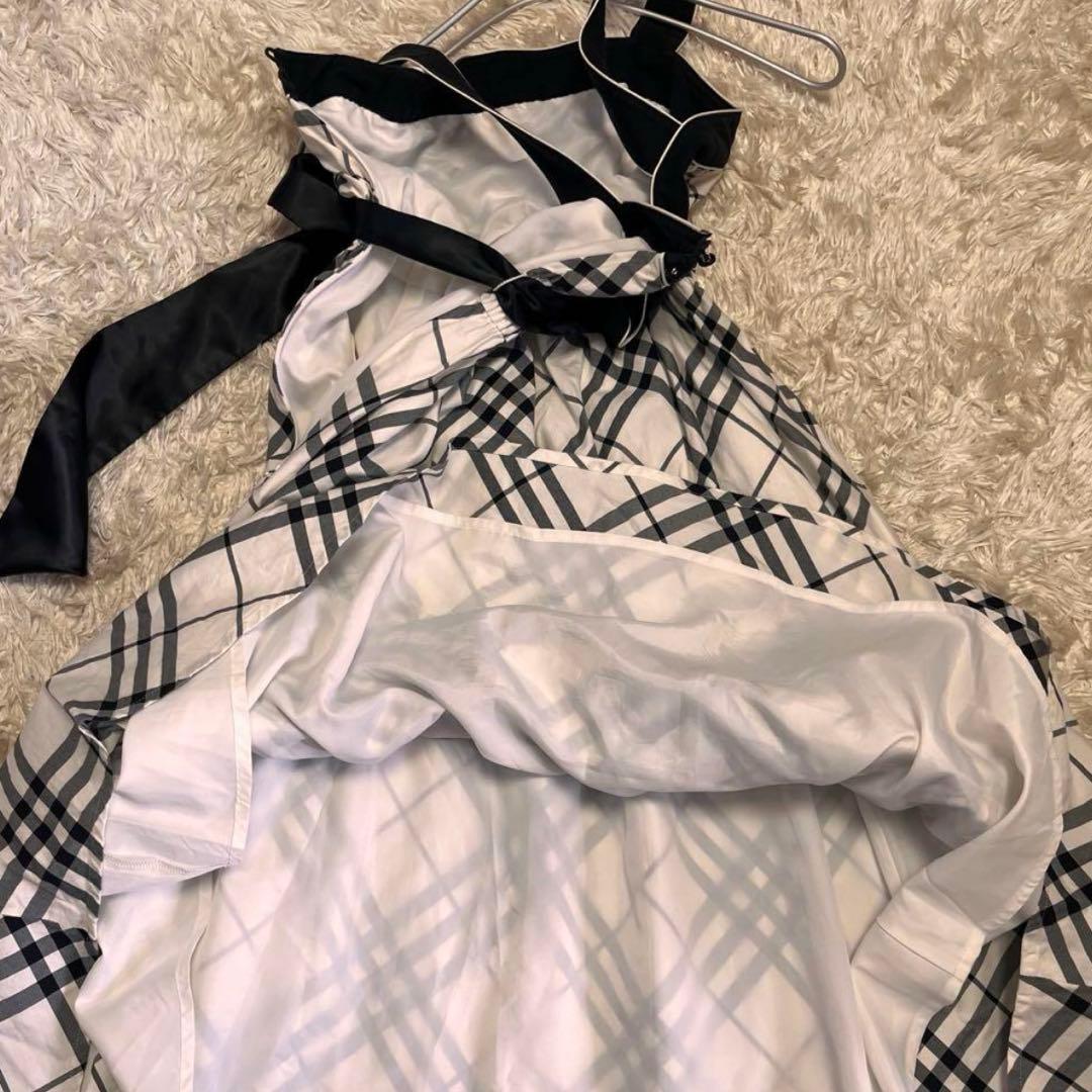 38【バーバリーブルーレーベル】ウエストリボンフレアワンピース 白黒チェック総柄