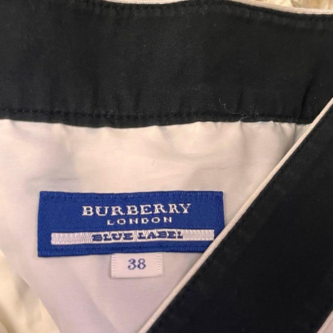 38【バーバリーブルーレーベル】ウエストリボンフレアワンピース 白黒チェック総柄