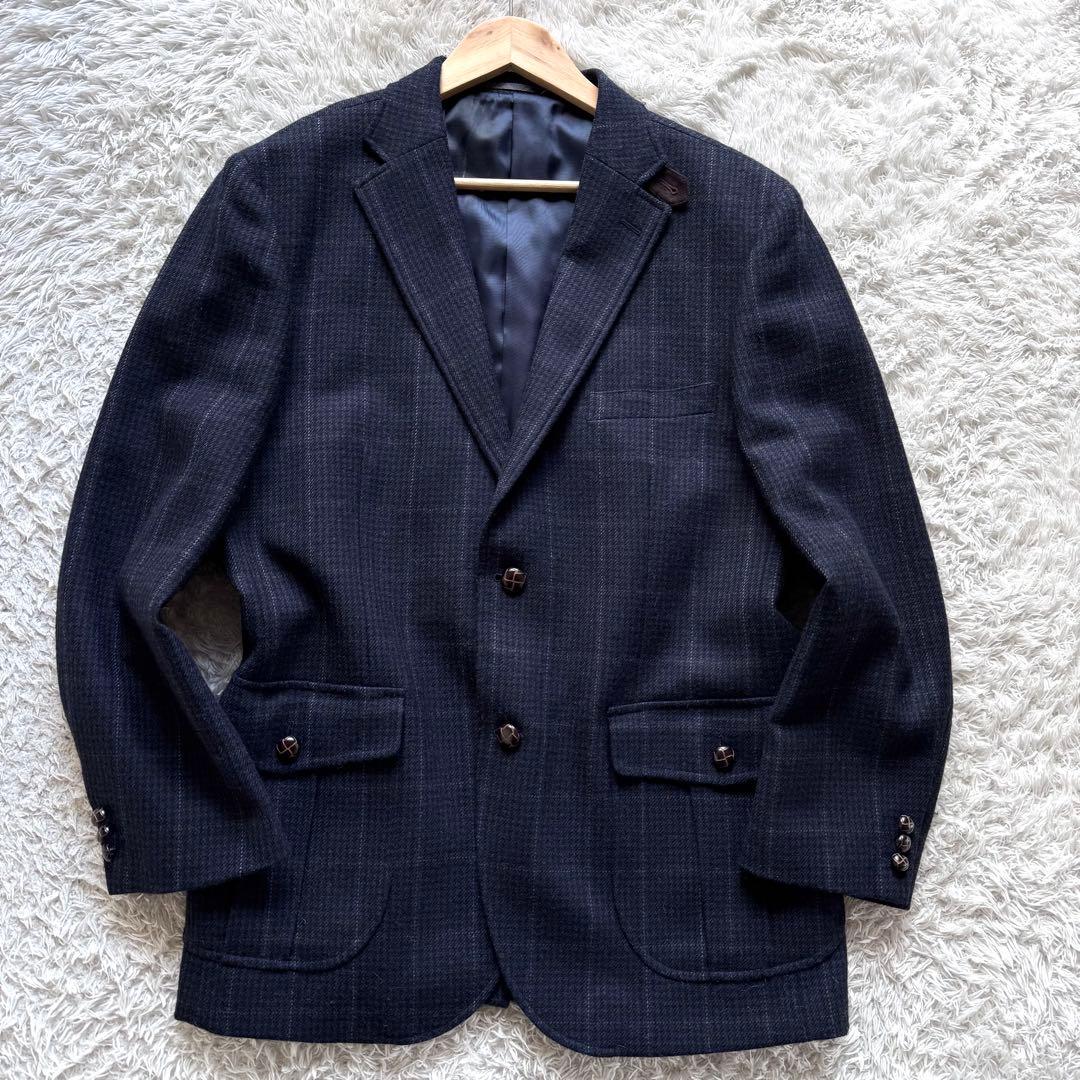 極美品　テーラードジャケット　グレンチェック　ネイビー　紺　BB6 胡桃ボタン