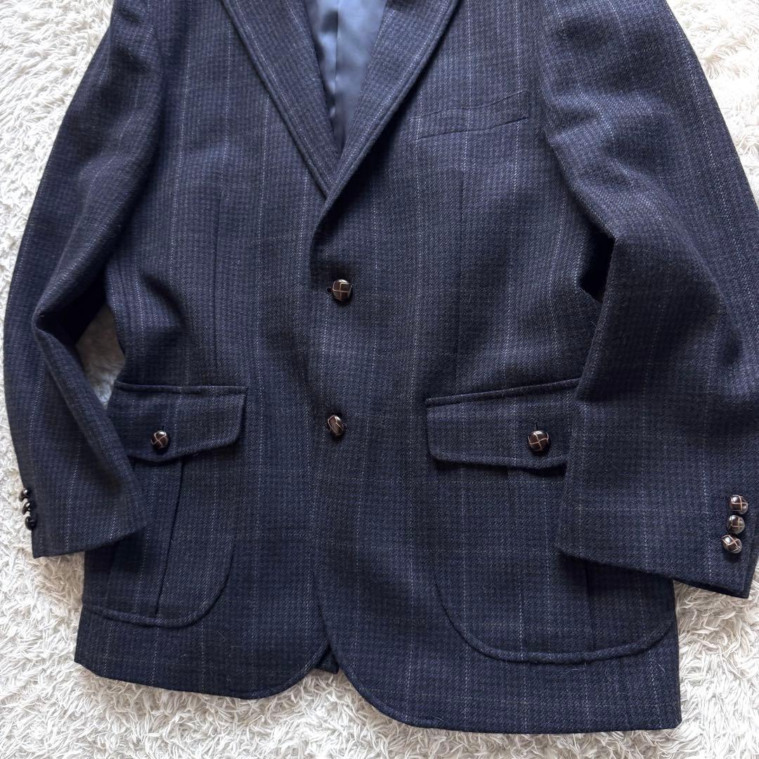 極美品　テーラードジャケット　グレンチェック　ネイビー　紺　BB6 胡桃ボタン