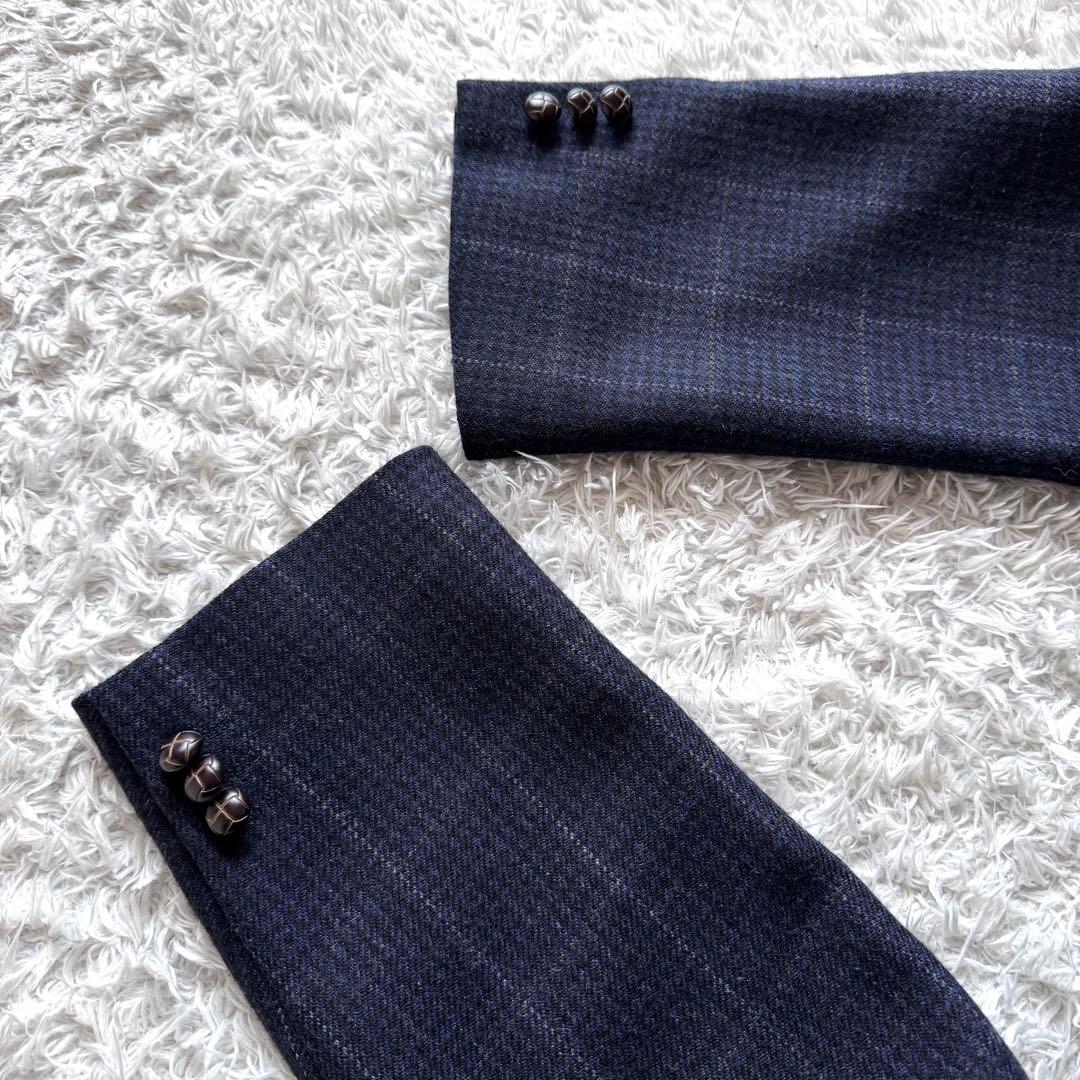 極美品　テーラードジャケット　グレンチェック　ネイビー　紺　BB6 胡桃ボタン