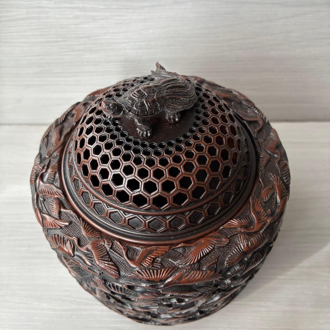 香炉　高岡銅器 彫金　佐野宏采　華鶴　亀　透かし蓋　茶道具　香道具