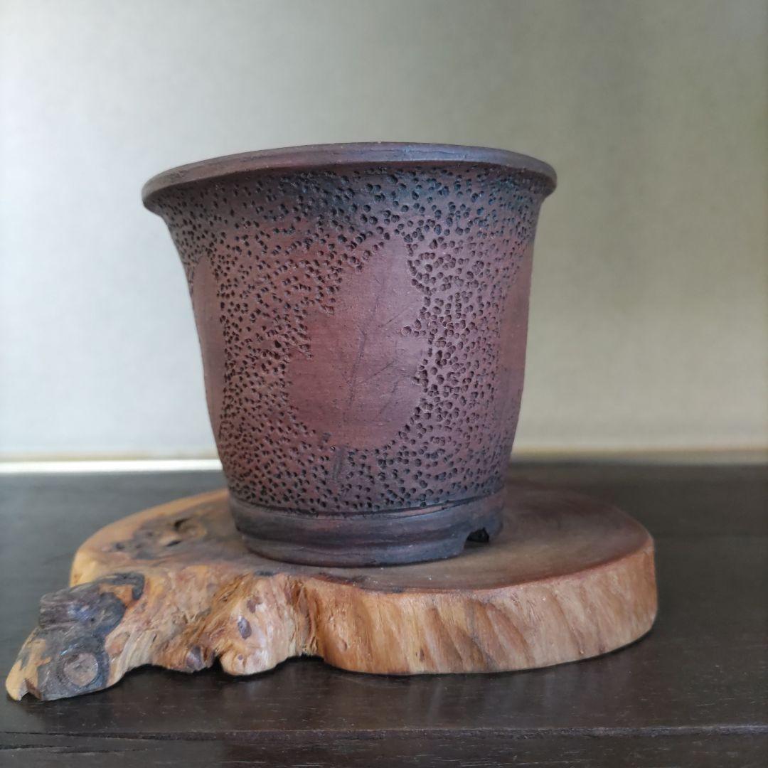 富舟、落款、盆栽鉢、植木鉢、古鉢、鋲打ち鉢、常滑焼、花台付