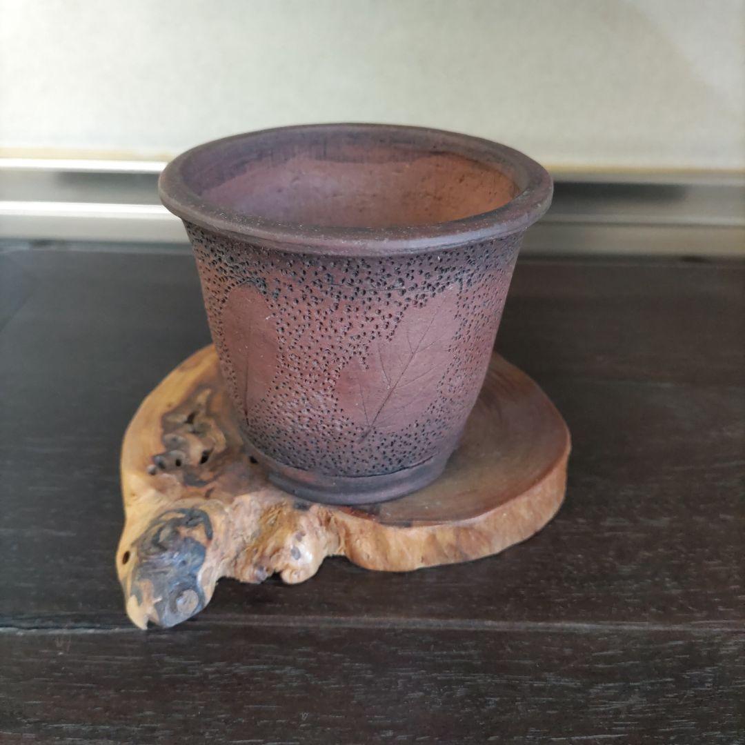 富舟、落款、盆栽鉢、植木鉢、古鉢、鋲打ち鉢、常滑焼、花台付