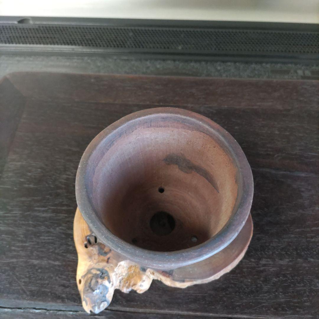 富舟、落款、盆栽鉢、植木鉢、古鉢、鋲打ち鉢、常滑焼、花台付